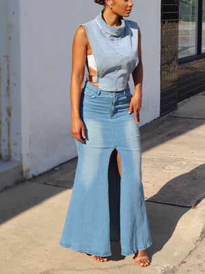 Front Slit Denim Skirt