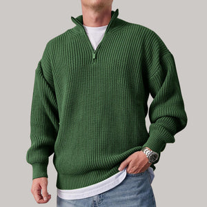 Men's Casual Loose Zipper Stand Collar Solid Color Sweater