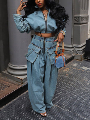 Denim Jacket & Wide Pants Set