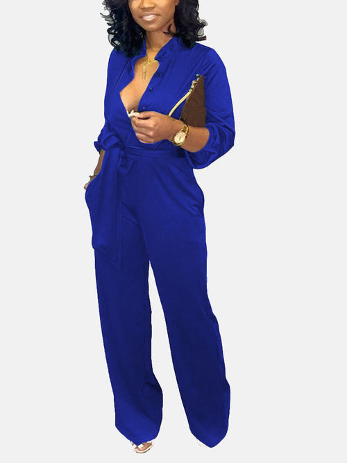 Button Belted Wide Leg Jumpsuit