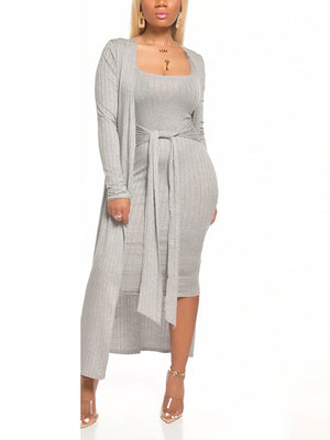 Ribbed Cardigan Tie Front Dress Set