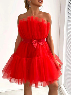 Bow Decor Layered Tulle Cocktail Dress