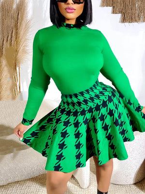 Solid Top Houndstooth Pleated Skirt Set