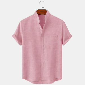 Men's solid colored linen short sleeved lapel shirt