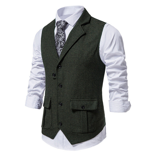 Men's Business Herringbone Lapel Pocket Sleeveless Vest