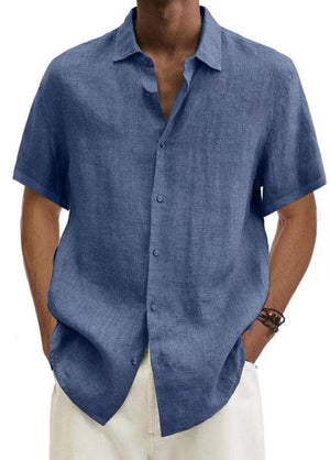 Men's solid cotton short sleeve loose lapel shirt