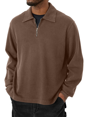 Men's Casual Half-Zip Lapel Solid Color Long Sleeve T-Shirt