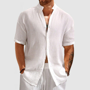 Men's Casual Pleated Textured Short Sleeve Shirt