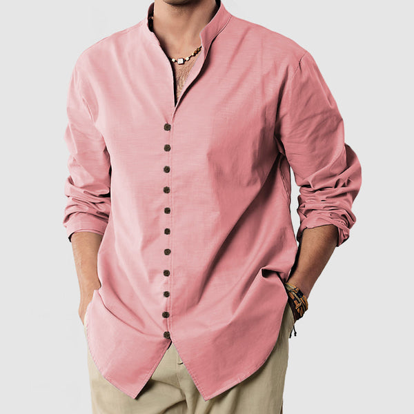 Gentleman's Standing Collar Button Down Cotton Linen Shirt