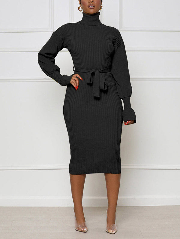 Turtleneck Knit Tie Waist Dress