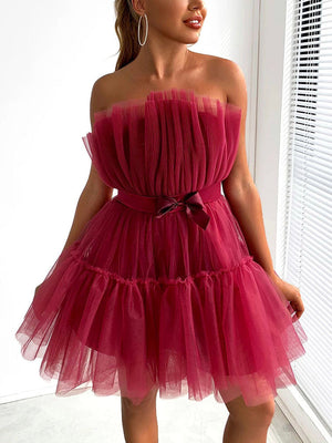 Bow Decor Layered Tulle Cocktail Dress