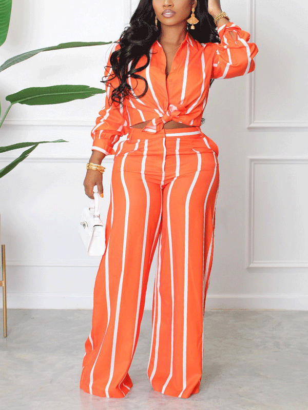 Striped Turndown Collar Long Sleeve Set