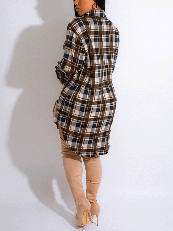 Long Sleeve Plaid Buckle Shirt Dress