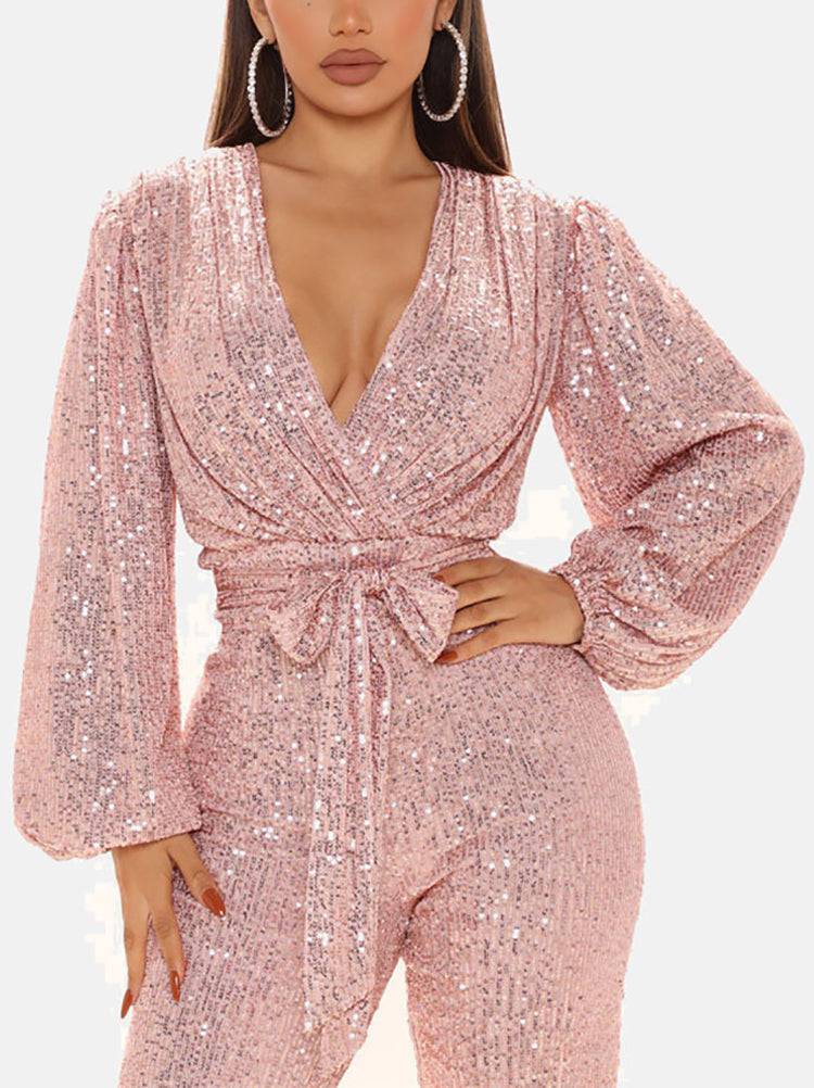 Sequin Long Sleeve V Neck Jumpsuit