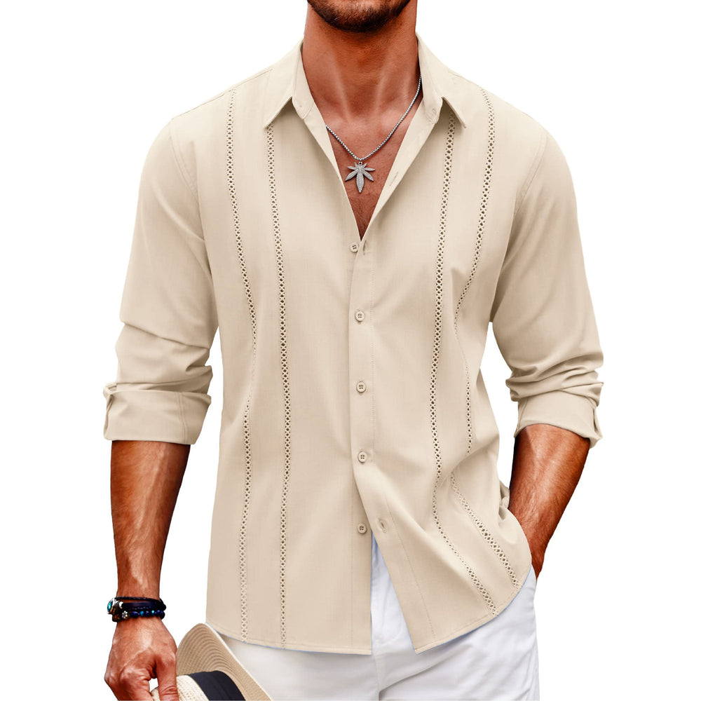 Men's Comfortable Breathable Cuban Casual Button Up Long Sleeve Beach Linen Shirt