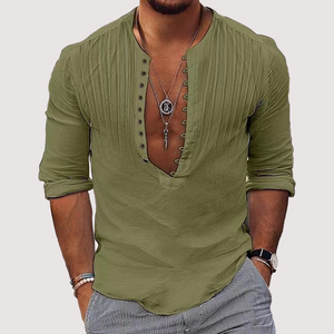 Men's V-Neck Cotton Linen Solid Color Shirt