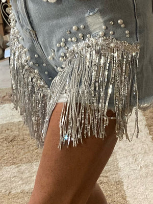 Sequin Tassel Pearl Denim Shorts