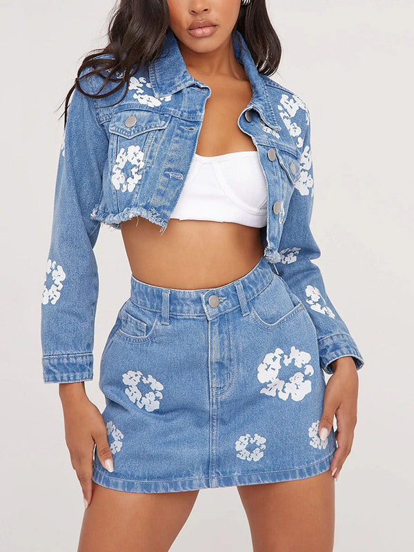 Floral Print Denim Jacket & Skirt Set