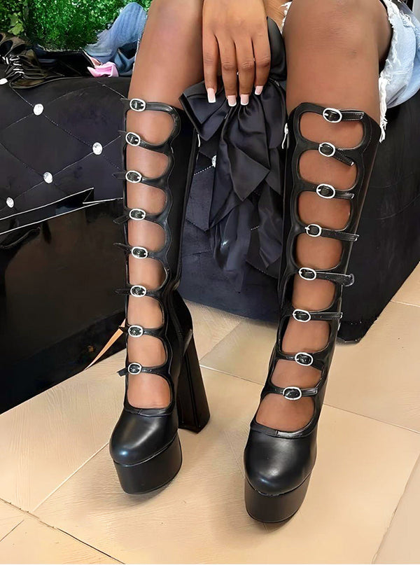 Leather Buckle-Strap Platform Boots