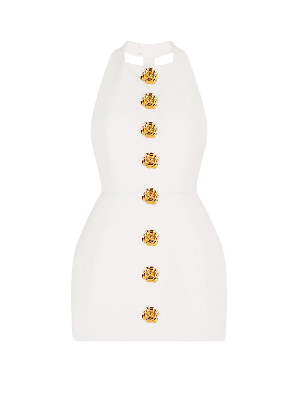 Halter Gold Button Mini Dress