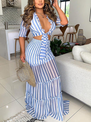 Striped Crop Top Ruffle Skirt Set