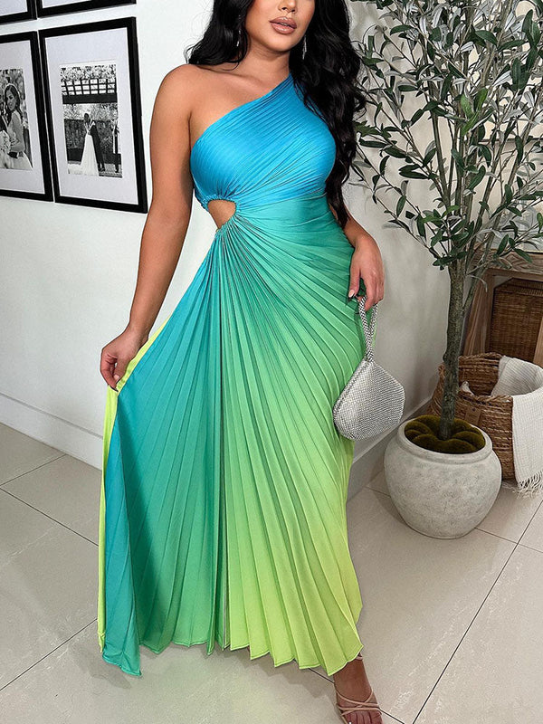 Ombre One Shoulder Pleated Dress