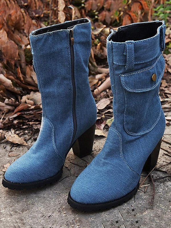 Denim Chunky Heel Boots