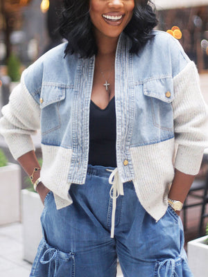 Knitted Denim Patchwork Cardigan