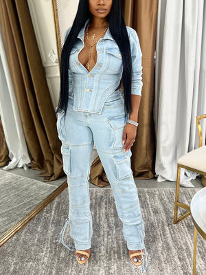 Denim Asymmetrical Jacket & Cargo Jeans Set