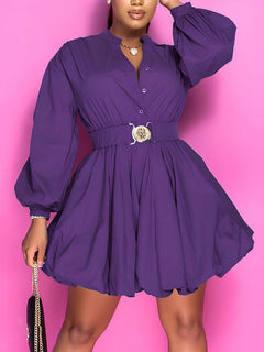 Belted Puffy Sleeve Dress