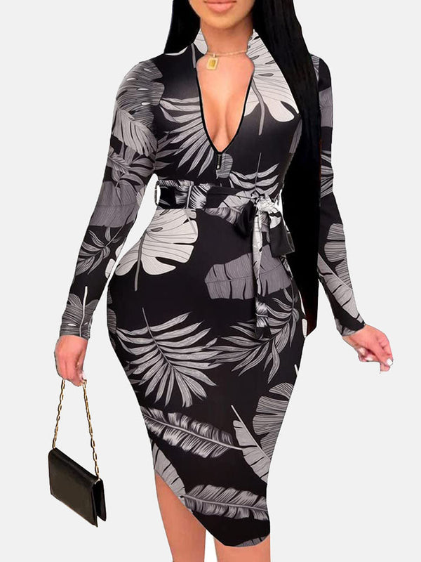 Zipper Print Pencil Midi Dress