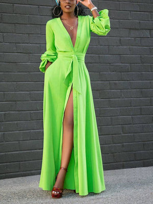 Button Down Slit V Neck Maxi Dress