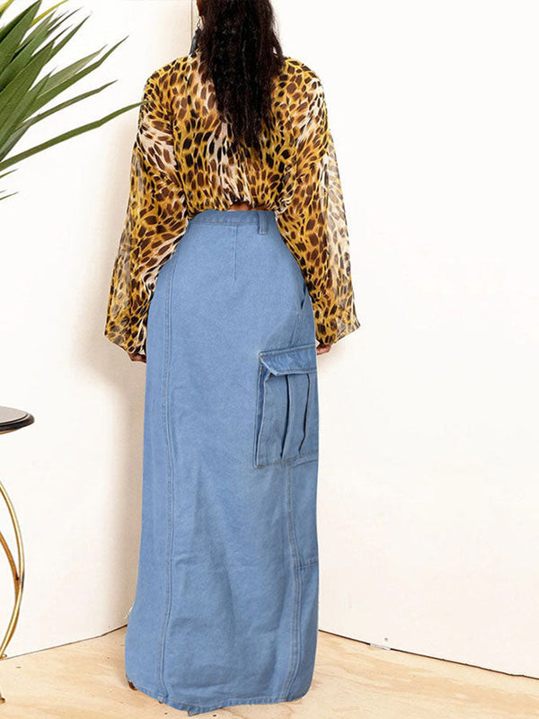 Denim Button High Split Skirt