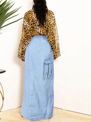 Denim Button High Split Skirt