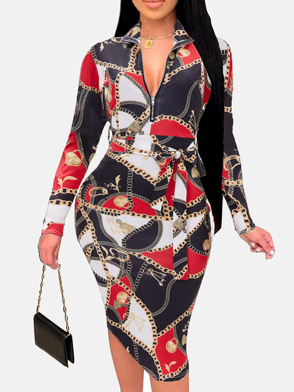 Zipper Print Pencil Midi Dress