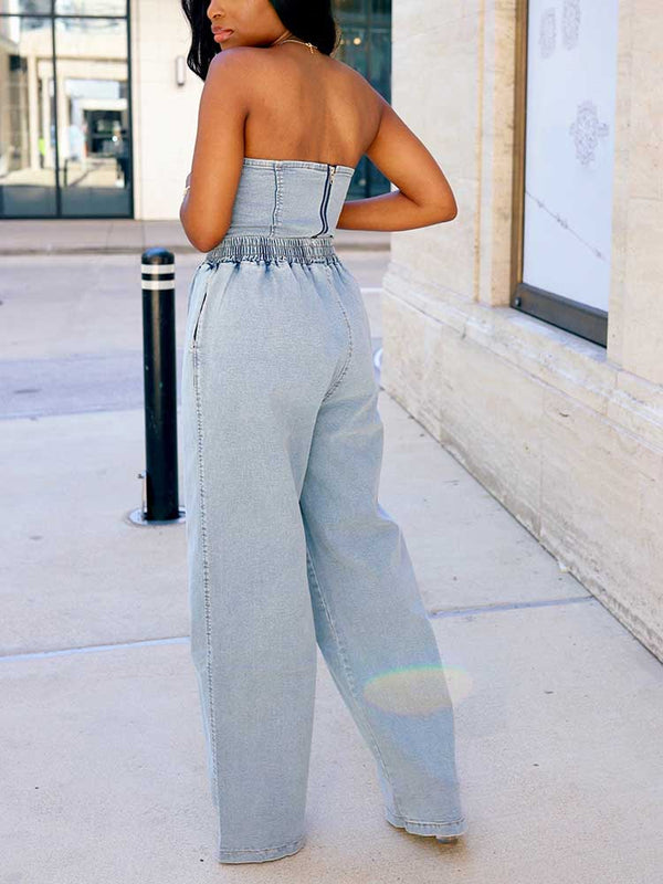 Denim Tube Top Wide Leg Pants Set