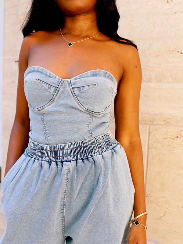 Denim Tube Top Wide Leg Pants Set