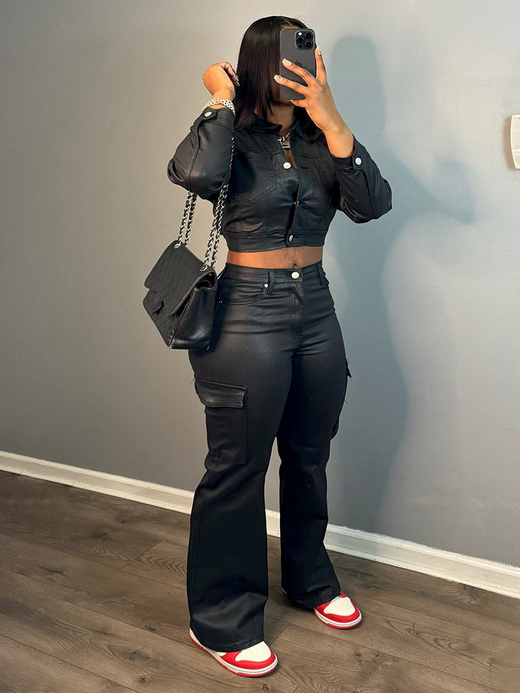 Leather Cropped Jacket & Pants Set