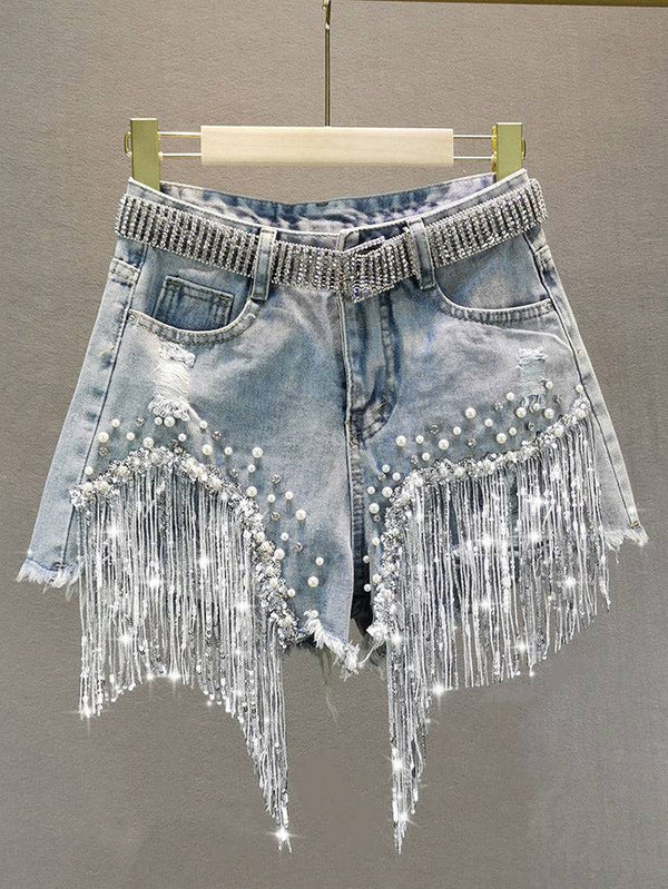 Sequin Tassel Pearl Denim Shorts