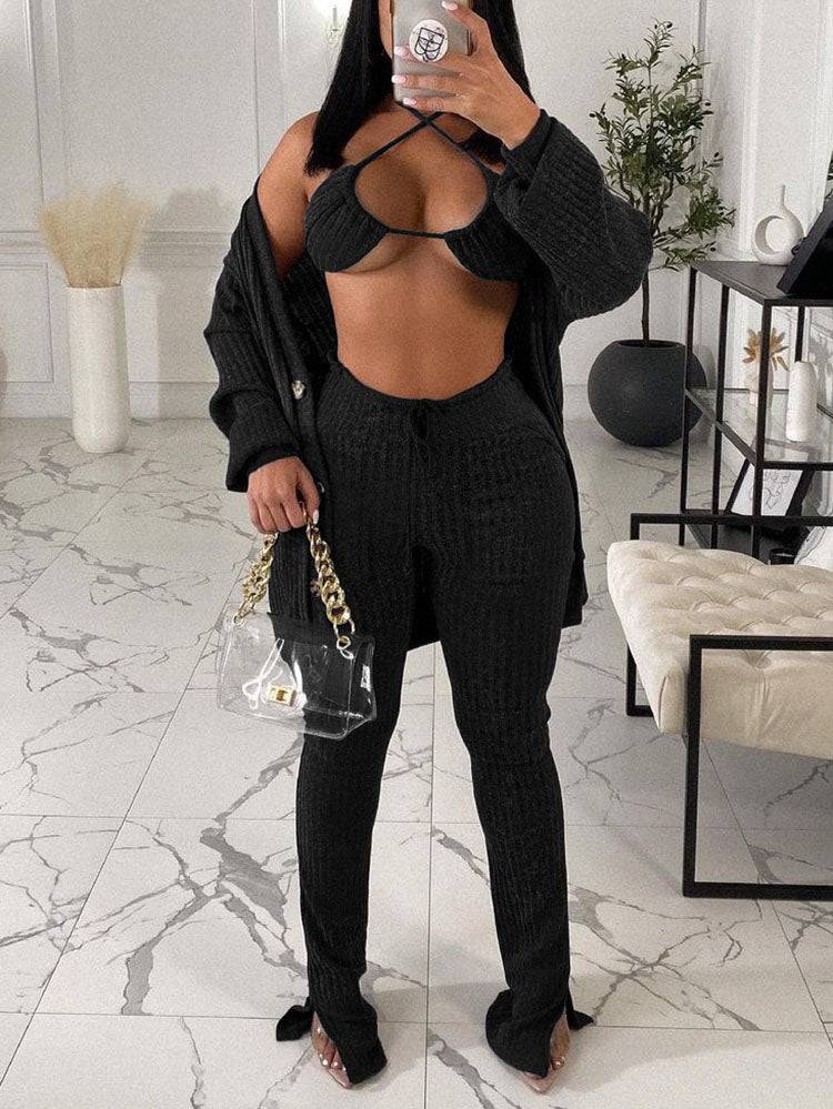 Cardigan Crop Tops & Pants 3 Piece Set