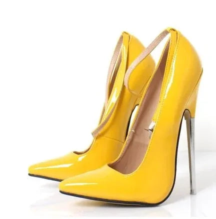 YM & Dancer S481 18cm Stiletto Metal High Heels,Women Pumps,Bondage Stage Pole Dance Shoes,Ankle Wrap Buckle,Pointed Toe,Leopard,Yellow,Red