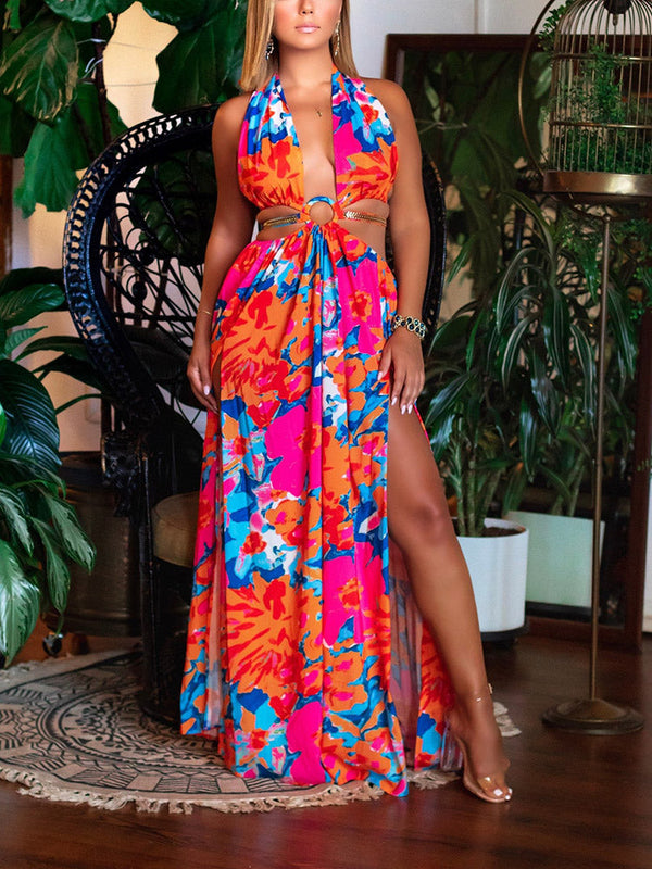 Floral Print Cut Out Halter Dress