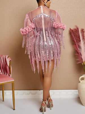 Sequin Fringe Mesh Party Dress