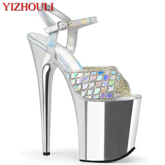 YM & Dancer S722 Fashionable fish-scale upper, 8 inch heels, sexy 20 cm blue electroplated stiletto heels, model pole dance shoes