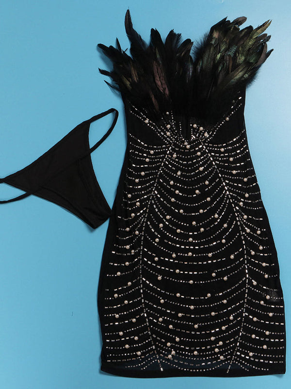 Feather Rhinestone Mesh Minidress