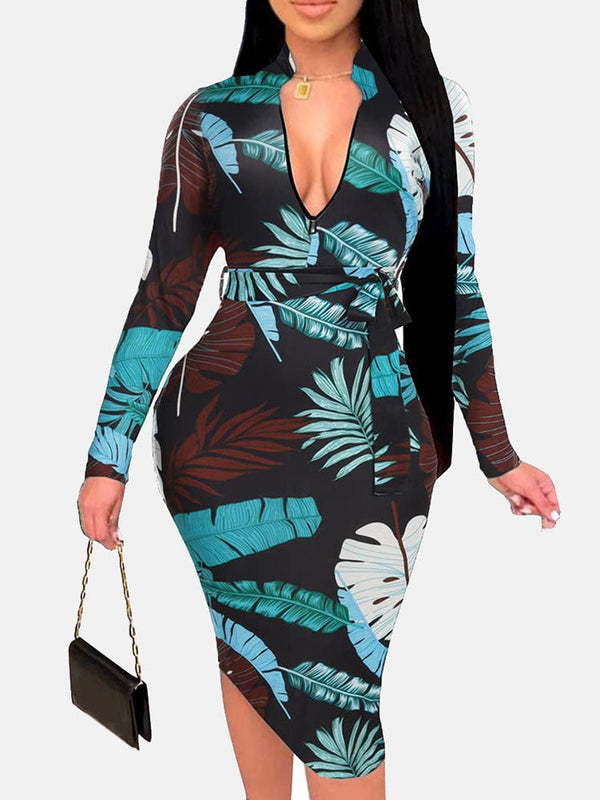 Zipper Print Pencil Midi Dress