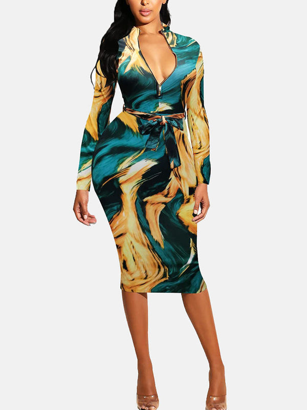 Zipper Print Pencil Midi Dress