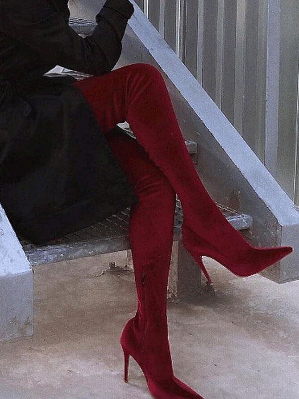 Velvet Pointed Toe High Heels Boots