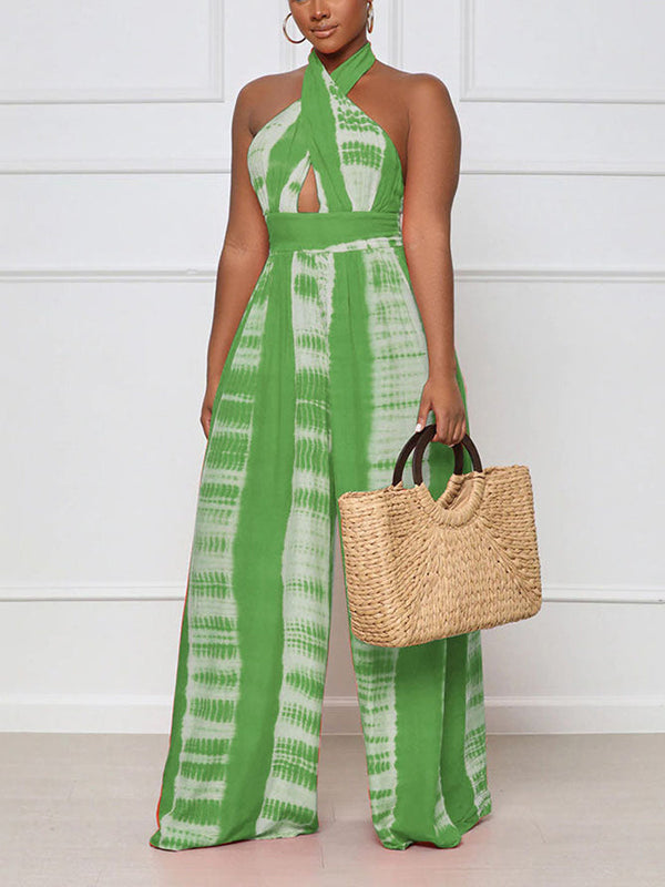 Halter Backless Printed Wide Leg Jumpsuit