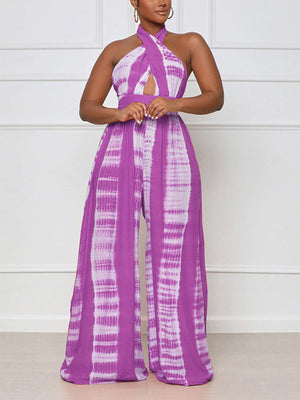 Halter Backless Printed Wide Leg Jumpsuit